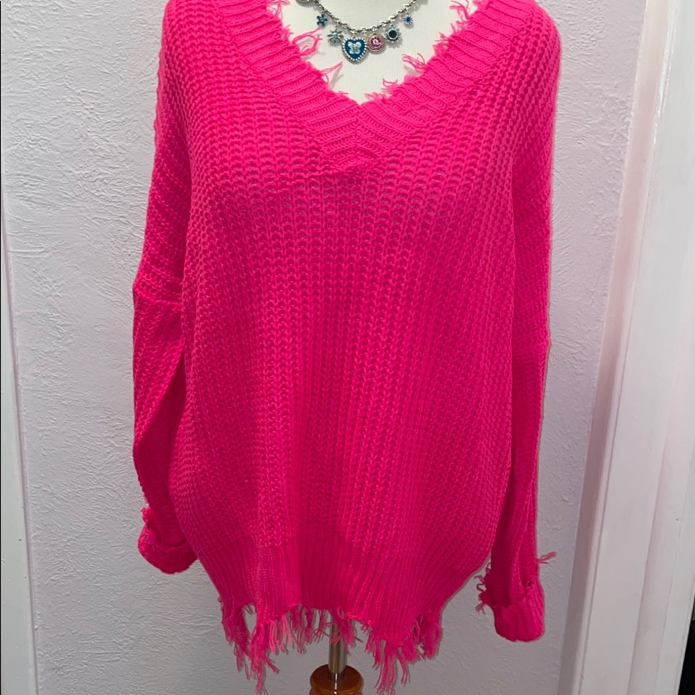 Main Strip Neon Pink Acrylic Sweater Loose Thread Fringed Design Size 1X